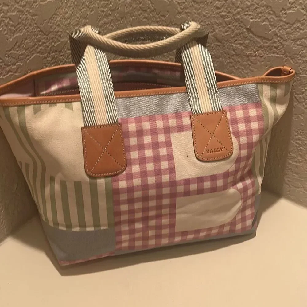 Bally Canvas Tote Bag Pastel Patchwork Plaid Handbag Preppy Coastal Stripe